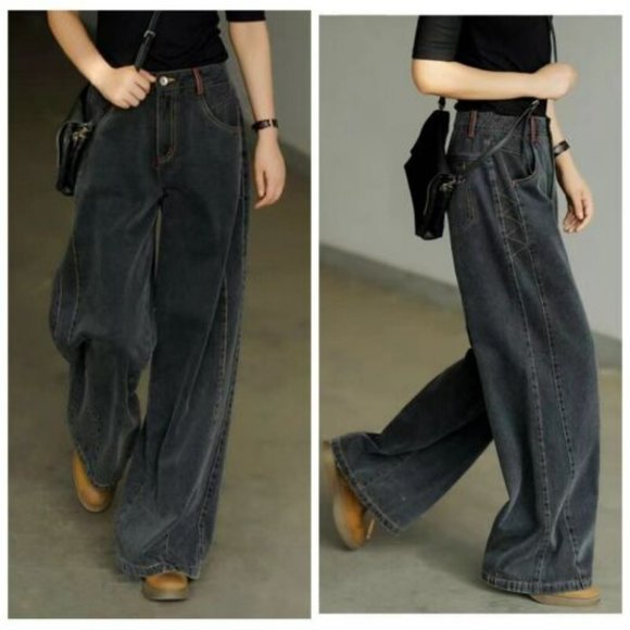 NWT  Denim Pants Loose Straight Wide Leg Jeans 90s style - petite - Picture 2 of 9